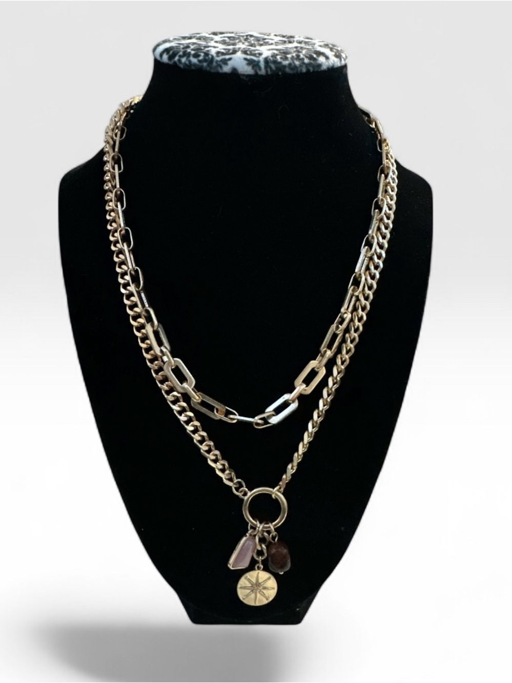 Layered Gold-Tone Charm Pendant Necklace for Women